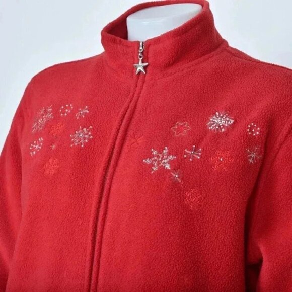 Vintage BonWorth Red Snowflake Embroidered Sparkle Fleece Zip Jacket Size Medium - Picture 3 of 7